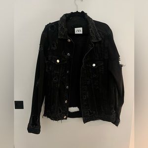 Zara Black Distressed Denim Jacket